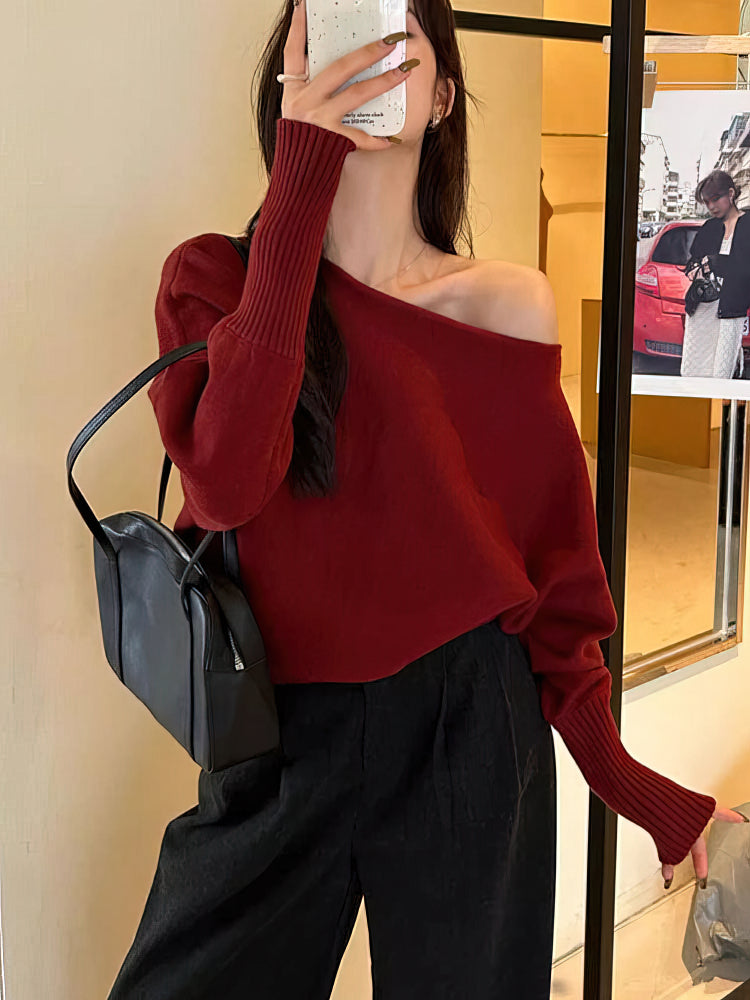 Long Sleeve Knitted Pullover, Thick Off Shoulder Sweater, Loose Casual Autumn Outwear for Women