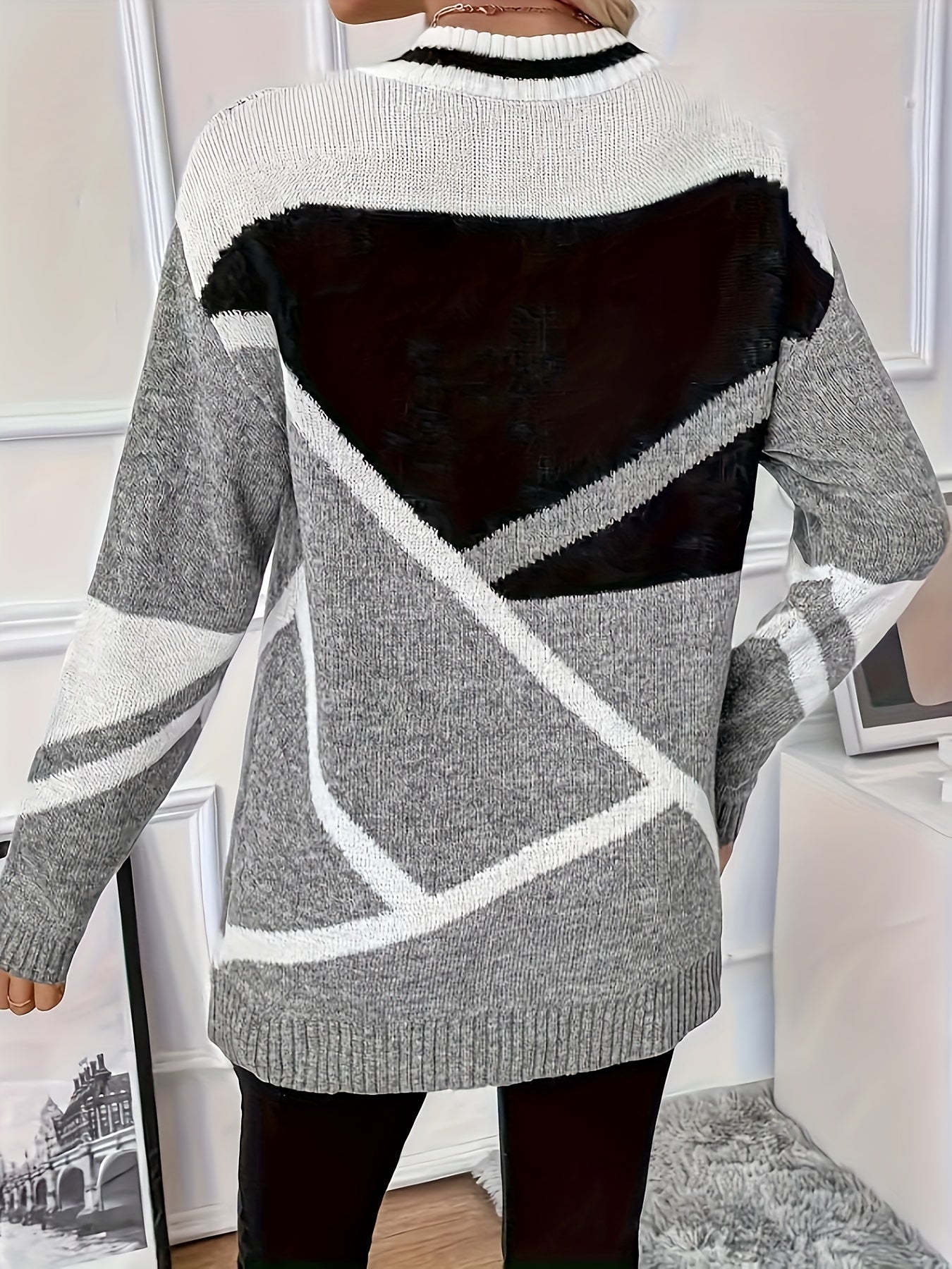 New Womens Casual Loose Sweater, V Neck Woolen Top, Large Size Geometric Pattern Pullover