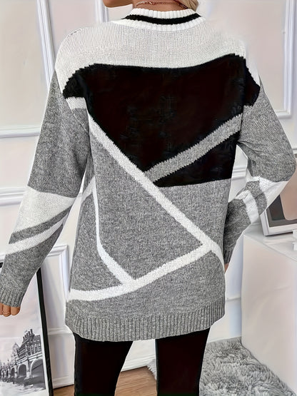 New Womens Casual Loose Sweater, V Neck Woolen Top, Large Size Geometric Pattern Pullover