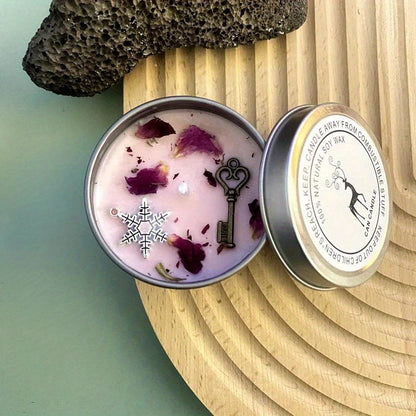 Handmade Aromatherapy Candles, with Crystal Dried Flowers, in an Antique Copper Silver Tin Can