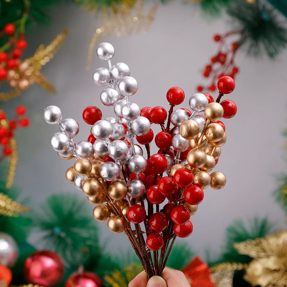 Christmas DIY Floral Wreath Ornament, Artificial Berries Red, Gold, Silver, Cherry Stamen, Fake Berries Branch, New Year