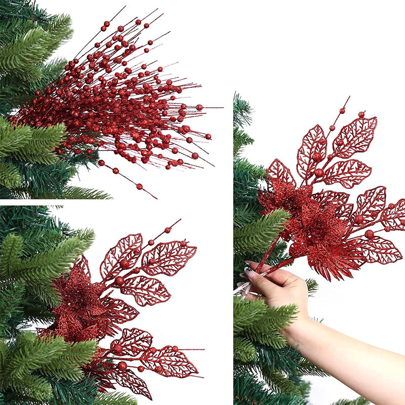 Christmas Decoration for Home, Artificial Glitter Berry Flower Branch, Tree and Party Supplies