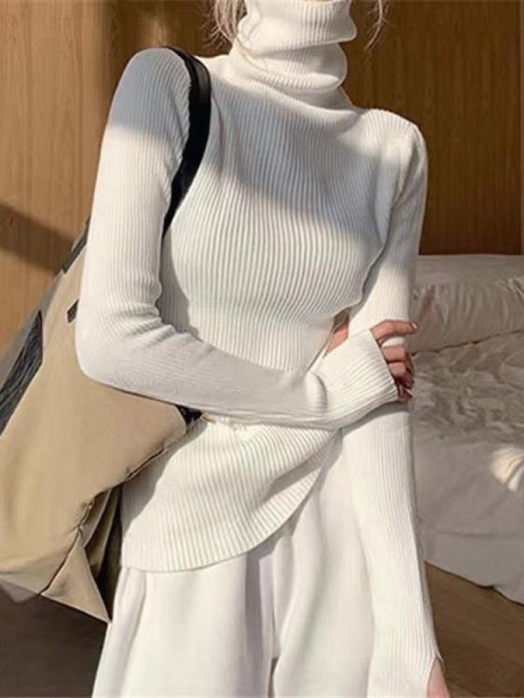 Womens Casual Pullover, Chic Knitted Turtleneck Sweater, Simple Fashion Top with Thumb Holes, Autumn Winter Basic