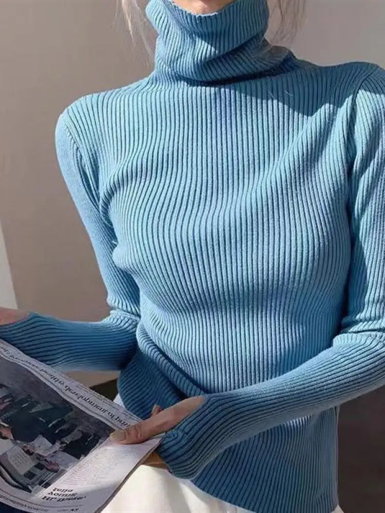Womens Casual Pullover, Chic Knitted Turtleneck Sweater, Simple Fashion Top with Thumb Holes, Autumn Winter Basic