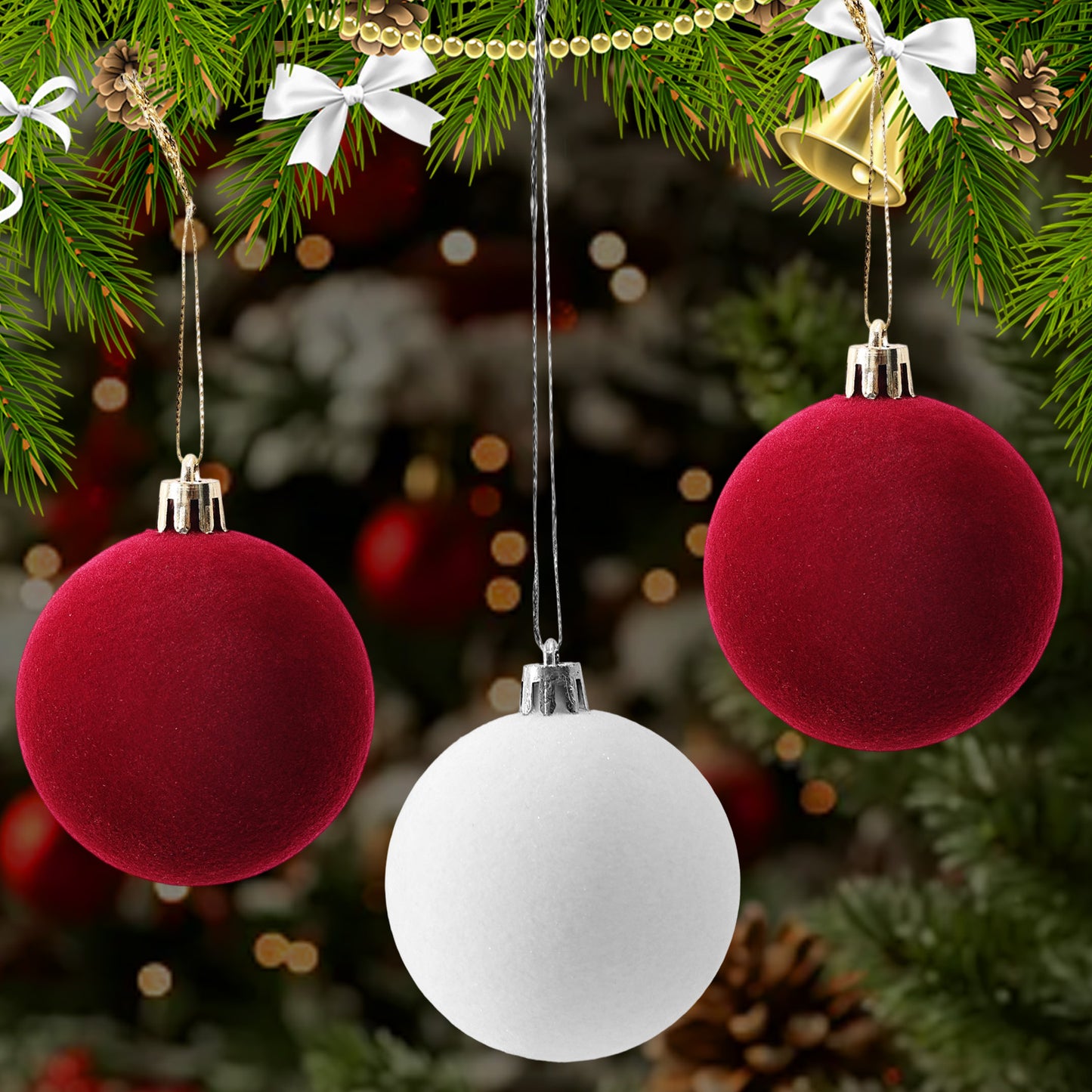 Velvet Christmas Balls Wine Red, Flocked Xmas Tree Pendents, Elegant Navidad Festival Ornaments, Party and Home Decor