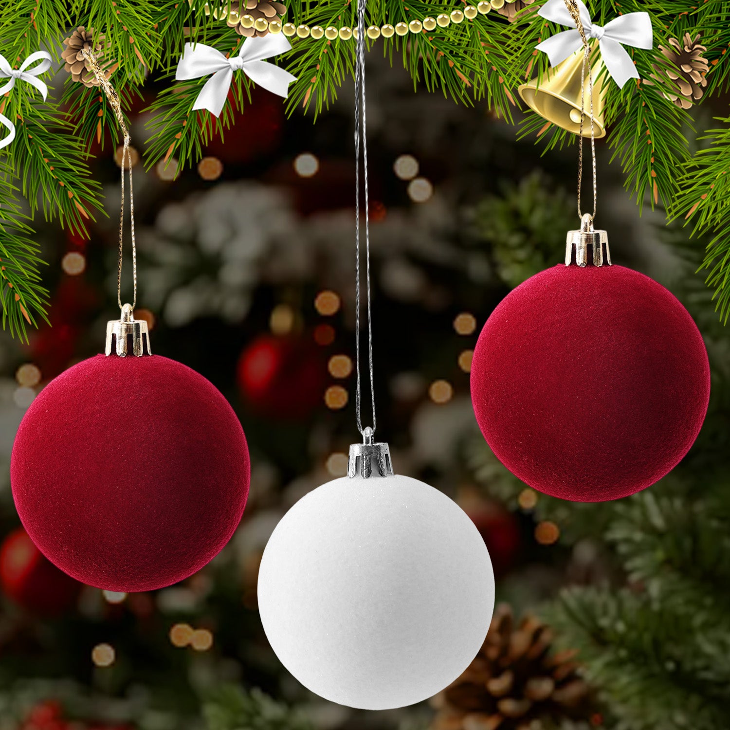 Velvet Christmas Balls Wine Red, Flocked Xmas Tree Pendents, Elegant Navidad Festival Ornaments, Party and Home Decor