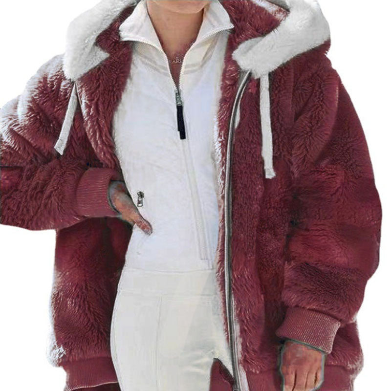Womens Winter Jacket, Plush Fleece Coat, Oversized Casual, Hooded, Plaid, Solid Color, Warm Cashmere Feel