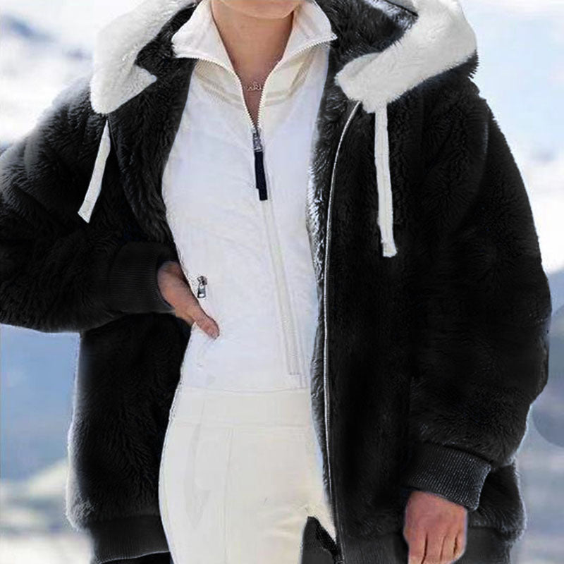 Womens Winter Jacket, Plush Fleece Coat, Oversized Casual, Hooded, Plaid, Solid Color, Warm Cashmere Feel