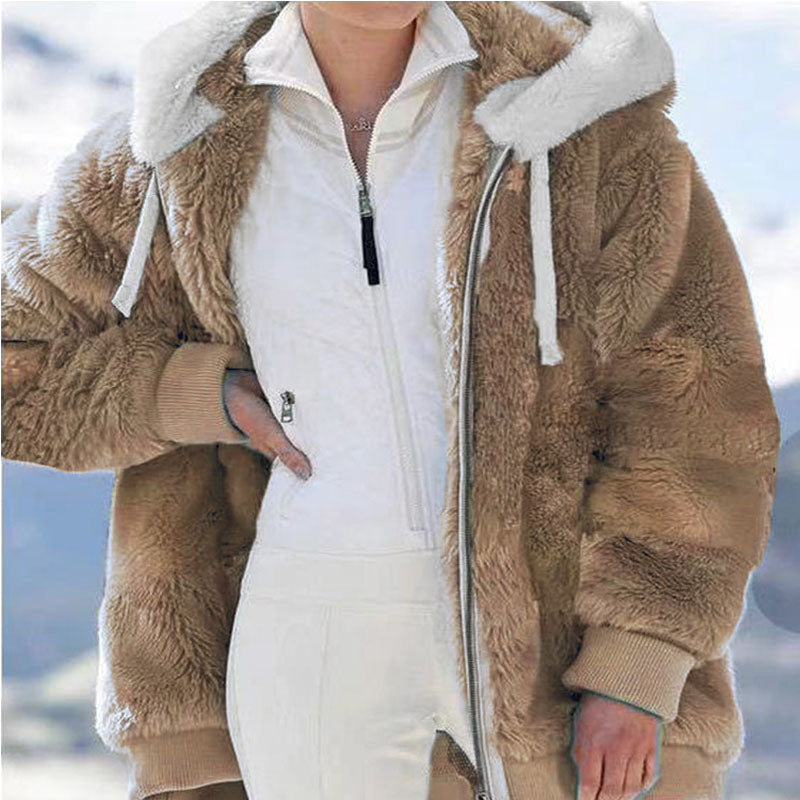 Womens Winter Jacket, Plush Fleece Coat, Oversized Casual, Hooded, Plaid, Solid Color, Warm Cashmere Feel