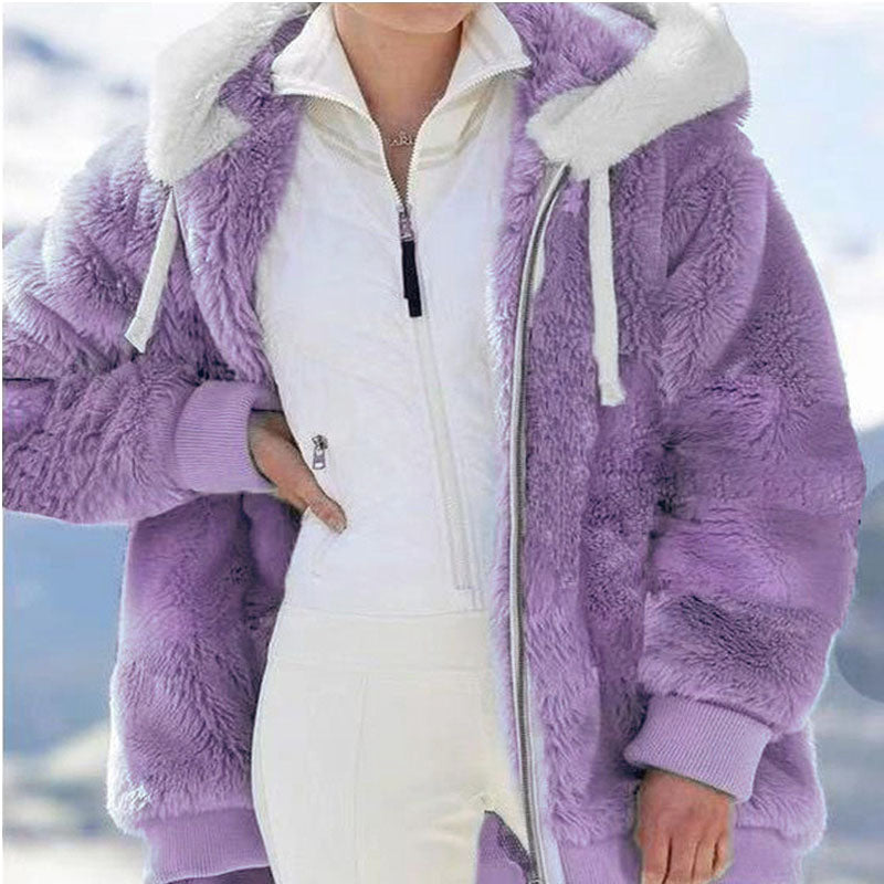 Womens Winter Jacket, Plush Fleece Coat, Oversized Casual, Hooded, Plaid, Solid Color, Warm Cashmere Feel