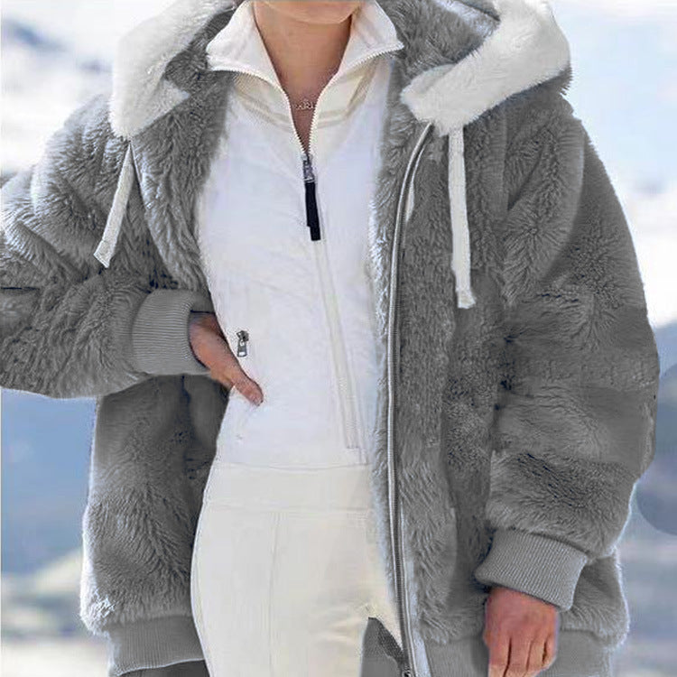 Womens Winter Jacket, Plush Fleece Coat, Oversized Casual, Hooded, Plaid, Solid Color, Warm Cashmere Feel