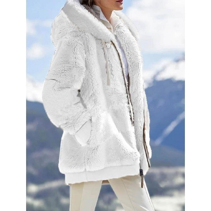 Womens Winter Jacket, Plush Fleece Coat, Oversized Casual, Hooded, Plaid, Solid Color, Warm Cashmere Feel