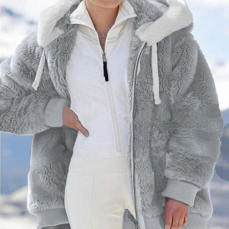 Womens Winter Jacket, Plush Fleece Coat, Oversized Casual, Hooded, Plaid, Solid Color, Warm Cashmere Feel