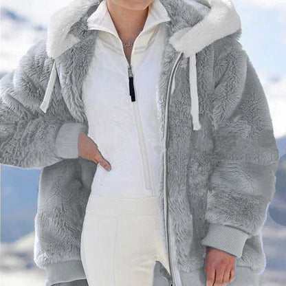 Womens Winter Jacket, Plush Fleece Coat, Oversized Casual, Hooded, Plaid, Solid Color, Warm Cashmere Feel