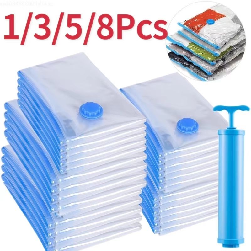 8PCS Vacuum Storage Bags with Pump for Clothes – Large Compression Bags for Travel & Home Storage
