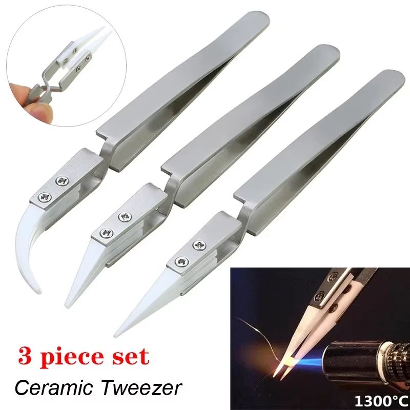 3 Pcs Ceramic Straight Tip Electronic Soldering Tweezers – Anti-Static, Acid-Resistant Precision Tools