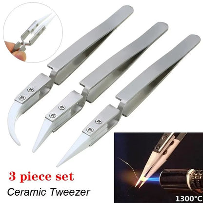 3 Pcs Ceramic Straight Tip Electronic Soldering Tweezers – Anti-Static, Acid-Resistant Precision Tools