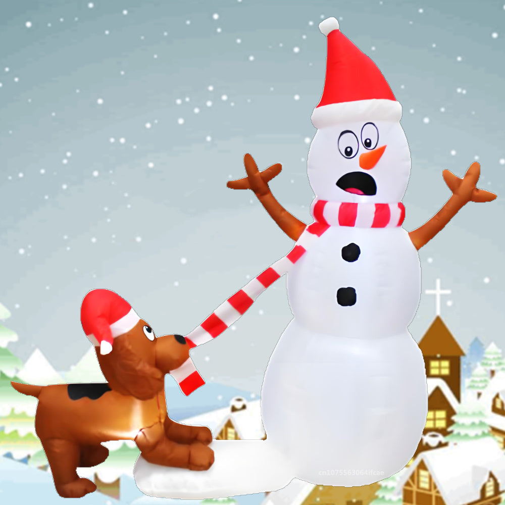 Christmas Inflatable Dog Bites Snowman Scarf Glowing LED Lamp Cartoon Model Decoration Outdoor Lawn