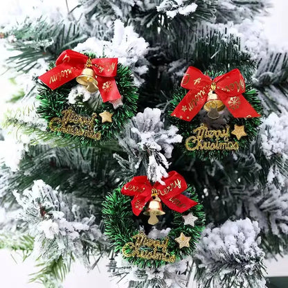 Mini Christmas Wreaths Pack, Artificial Plastic Tree Ornaments, Festive Red Bows and Golden Bells Decorations