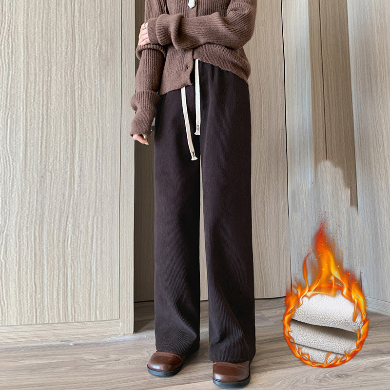 Winter Women Fleece Pants, Wide Leg Trousers, Thicken Warm Elastic Waist, Casual Loose Long Bottoms