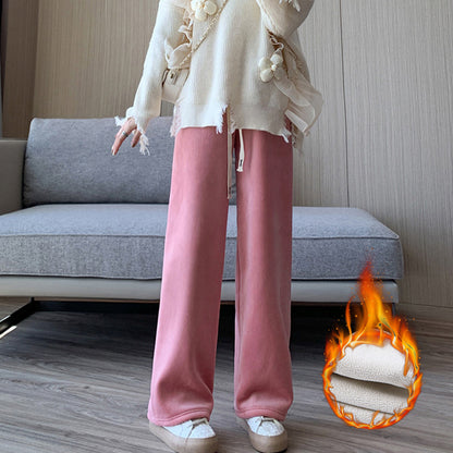 Winter Women Fleece Pants, Wide Leg Trousers, Thicken Warm Elastic Waist, Casual Loose Long Bottoms