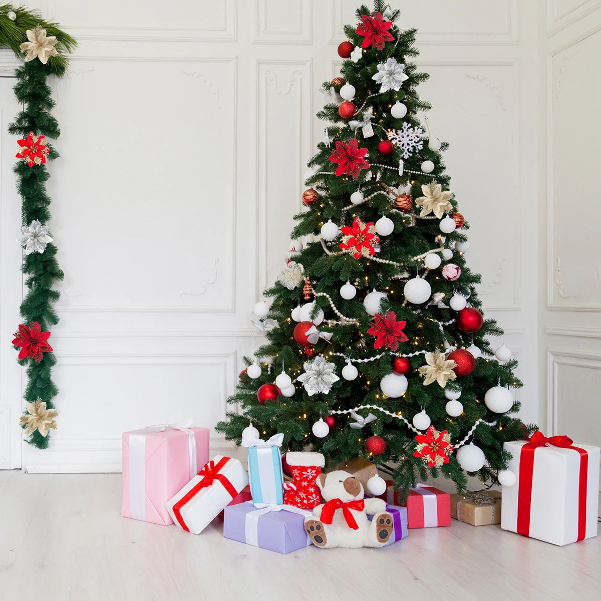 Artificial Flower Ornaments Merry Glitter Pink Christmas Flowers Tree Christmas Decoration For Home 4