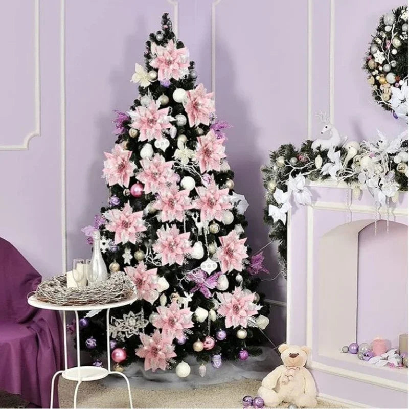 Artificial Flower Ornaments Merry Glitter Pink Christmas Flowers Tree Christmas Decoration For Home 5