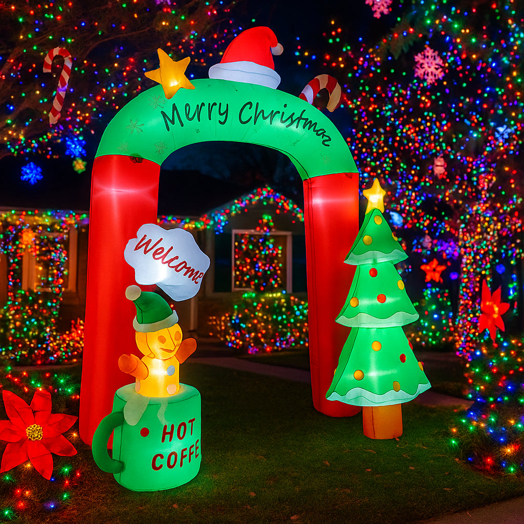 Christmas Inflatable Hot Coffee Mug Bear, LED Archway Decoration, Outdoor Yard Ornament, Holiday Home Party Toy