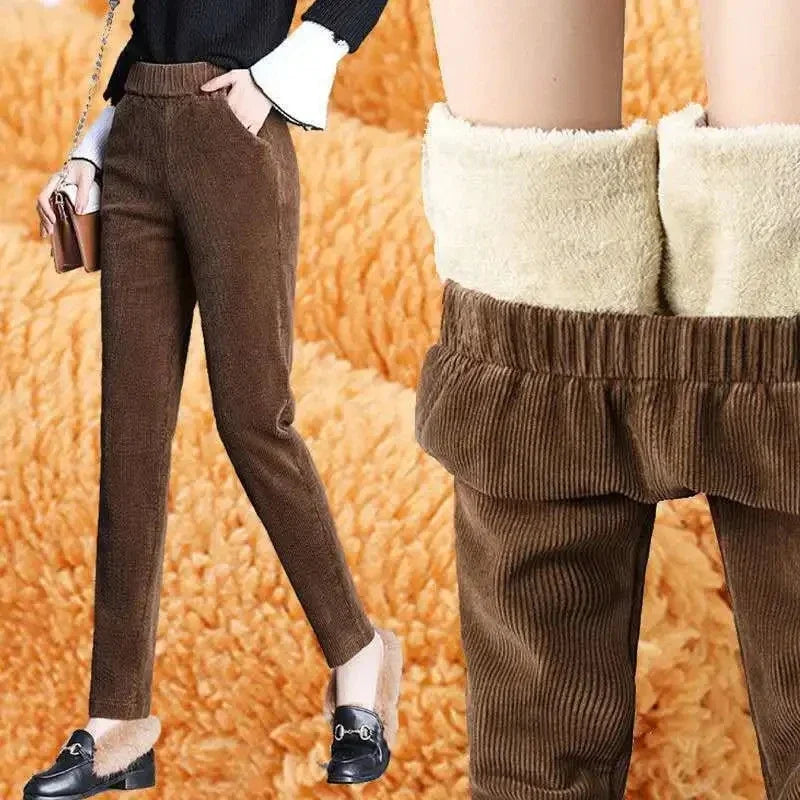Women's High Waist Corduroy Pants, Thick Plush Warm Leggings, Casual Harem Trousers for Autumn Winter