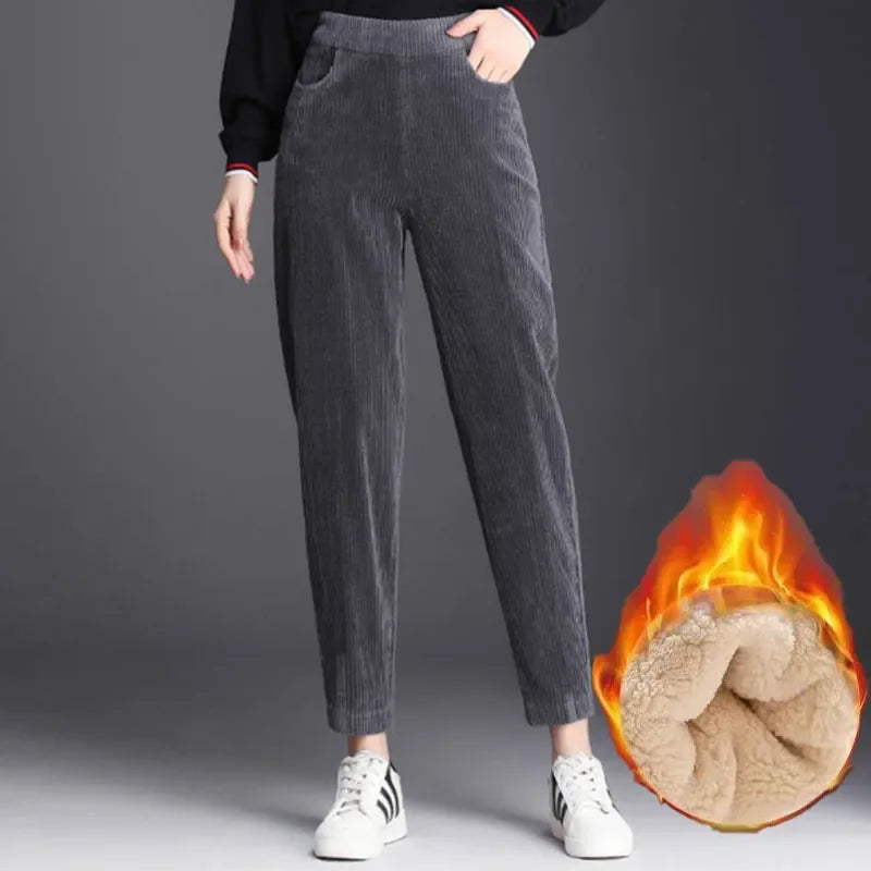 Women's High Waist Corduroy Pants, Thick Plush Warm Leggings, Casual Harem Trousers for Autumn Winter
