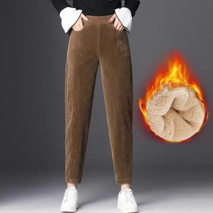 Women's High Waist Corduroy Pants, Thick Plush Warm Leggings, Casual Harem Trousers for Autumn Winter