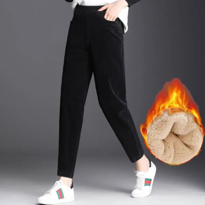 Women's High Waist Corduroy Pants, Thick Plush Warm Leggings, Casual Harem Trousers for Autumn Winter