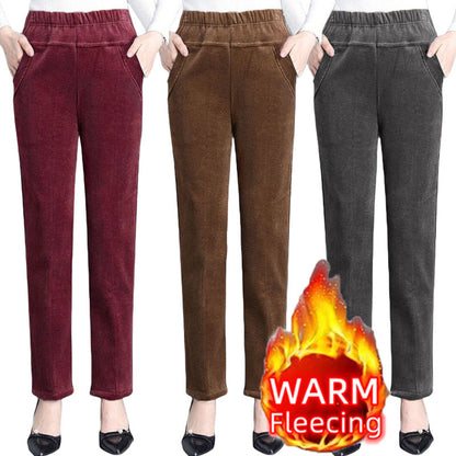Elegant Women's High Waist Pencil Pants, Plush Fleece Lined Trousers for Autumn Winter, Thick Thin Corduroy Leggings