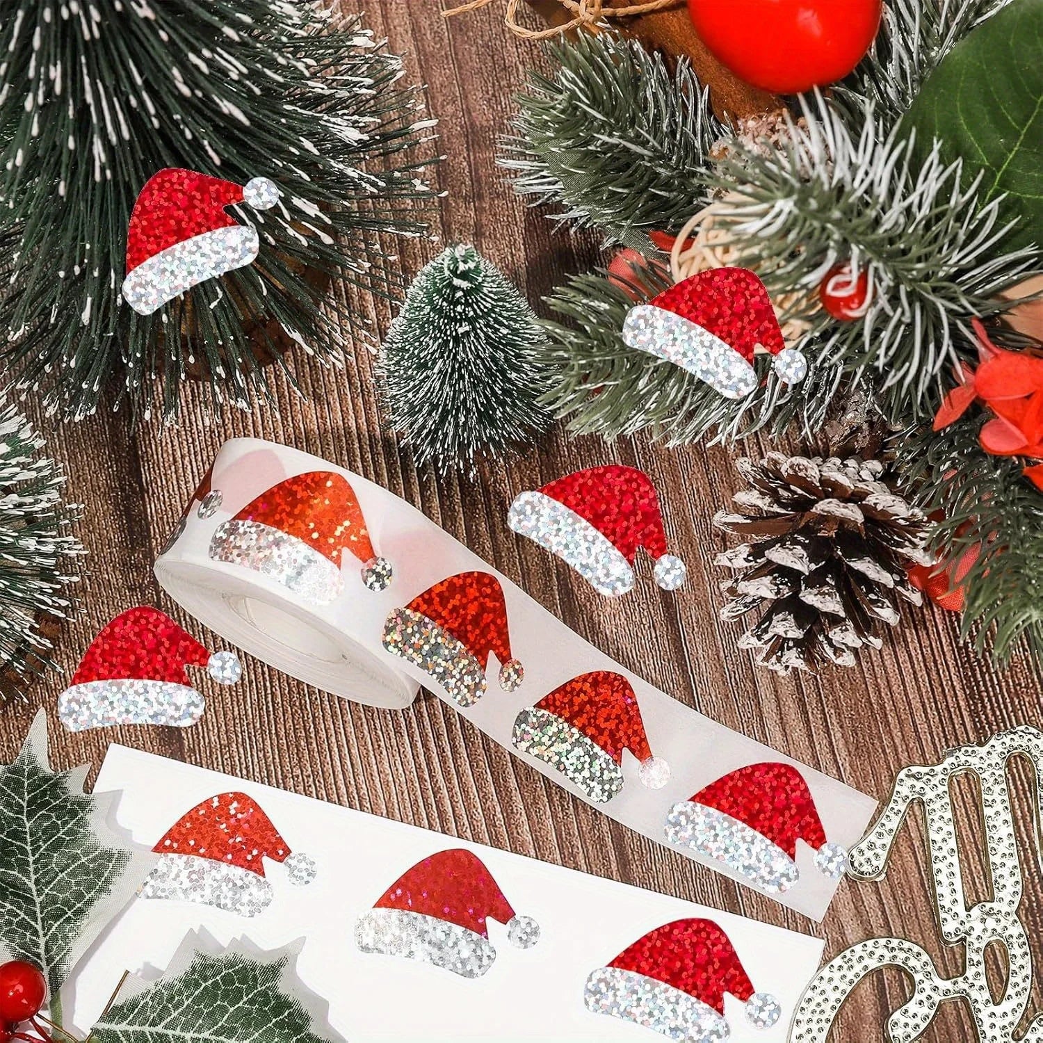 Flashing Christmas Hat Sticker, Laser Santa Claus Hat Waterproof Sticker, Red Christmas Envelope and Journal Decor