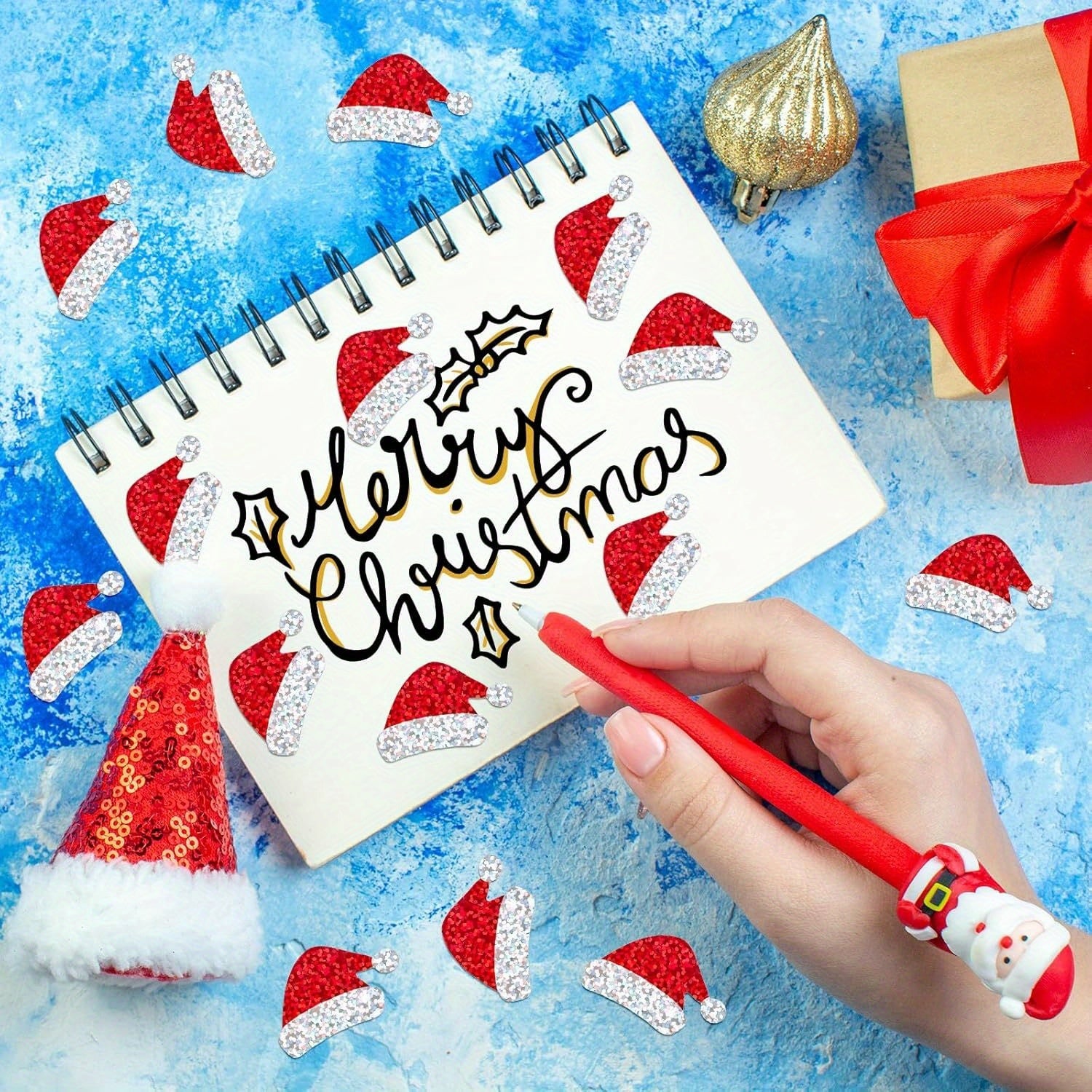 Flashing Christmas Hat Sticker, Laser Santa Claus Hat Waterproof Sticker, Red Christmas Envelope and Journal Decor
