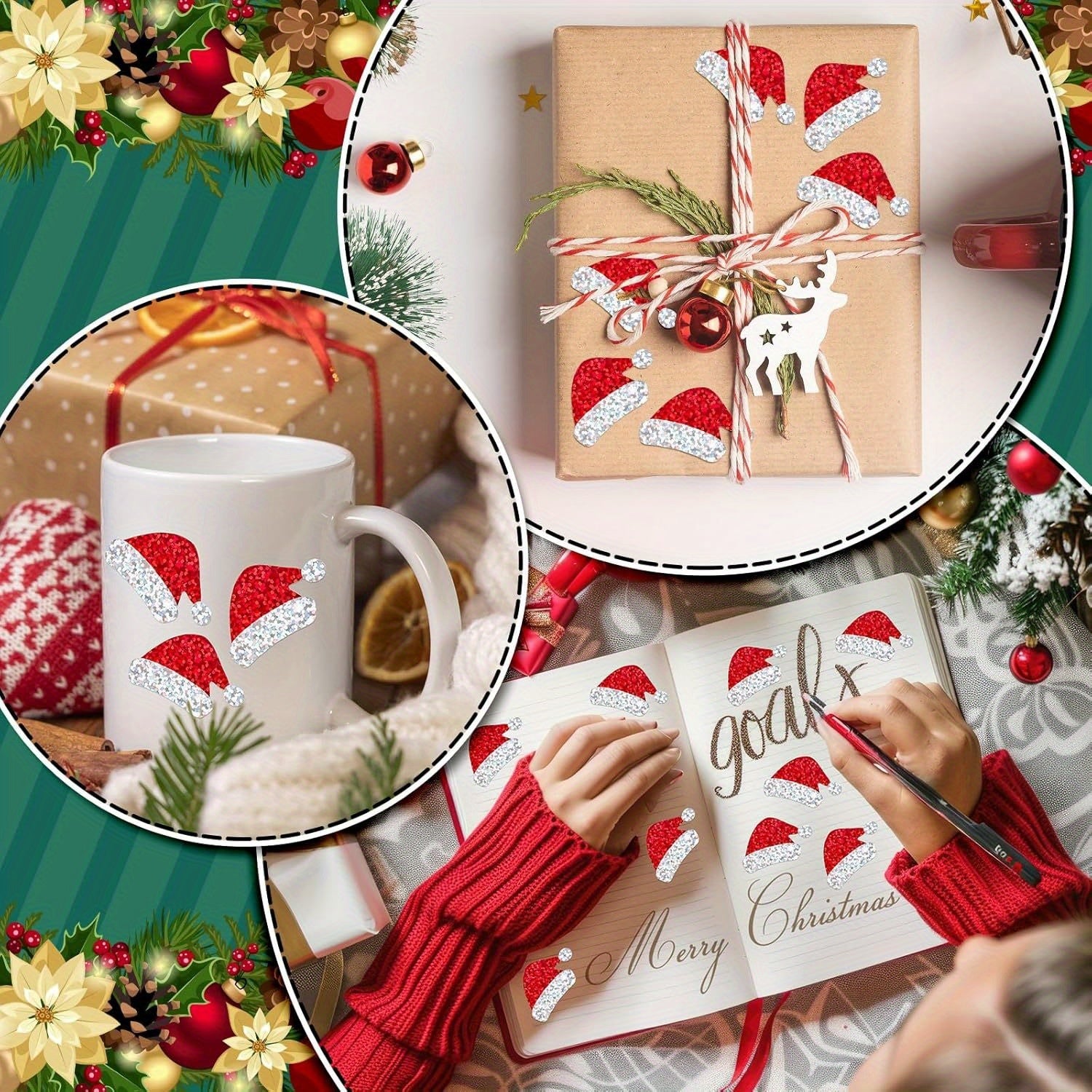 Flashing Christmas Hat Sticker, Laser Santa Claus Hat Waterproof Sticker, Red Christmas Envelope and Journal Decor