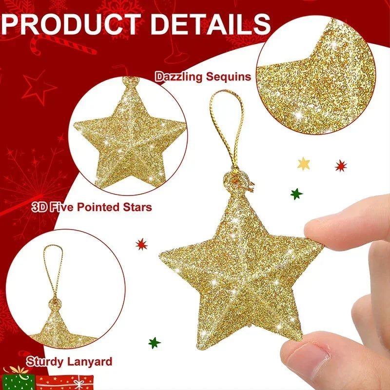 Gold Glitter Star Decorations, Plastic Christmas Ornaments, Christmas Tree Hanging Decorations, Holiday Home Decor