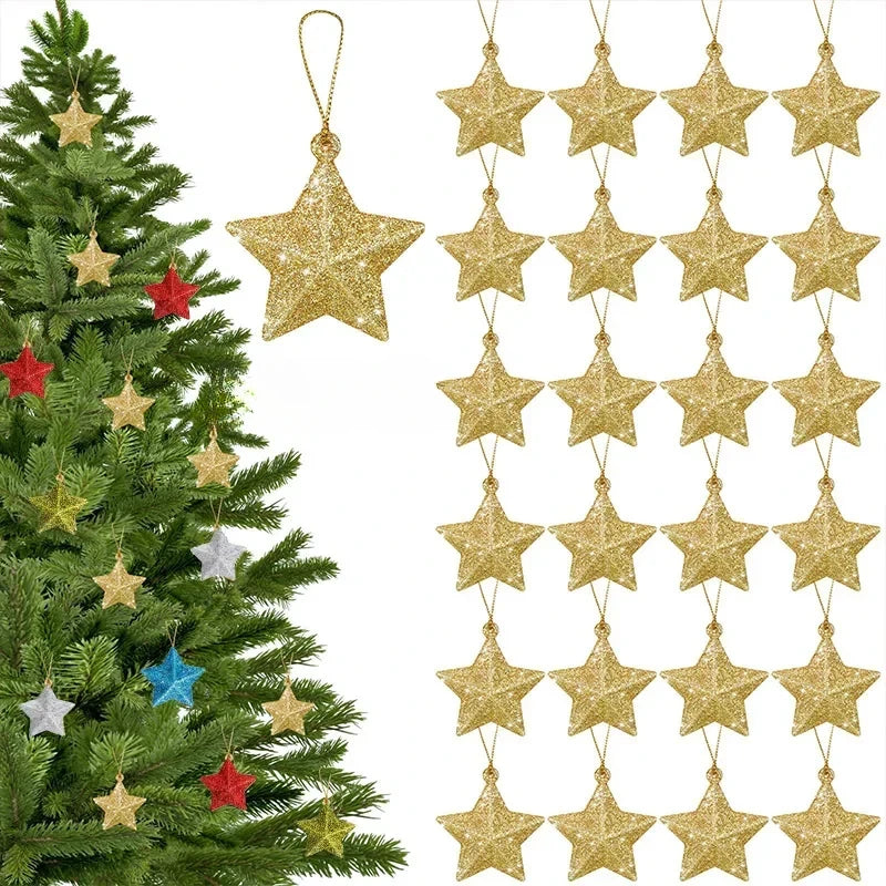 Gold Glitter Star Decorations, Plastic Christmas Ornaments, Christmas Tree Hanging Decorations, Holiday Home Decor