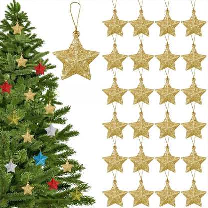 Gold Glitter Star Decorations, Plastic Christmas Ornaments, Christmas Tree Hanging Decorations, Holiday Home Decor