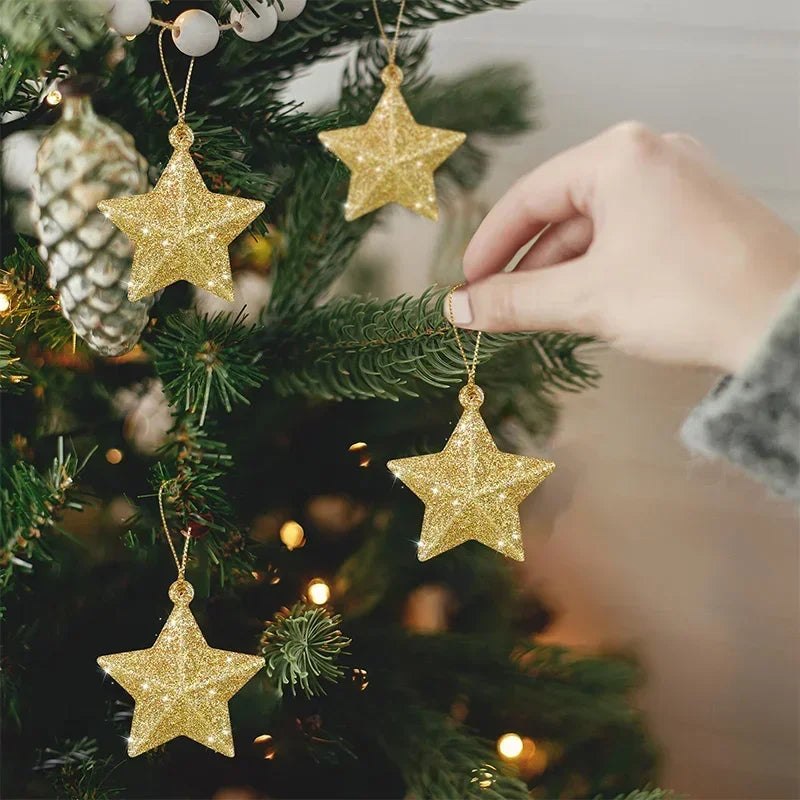 Gold Glitter Star Decorations, Plastic Christmas Ornaments, Christmas Tree Hanging Decorations, Holiday Home Decor