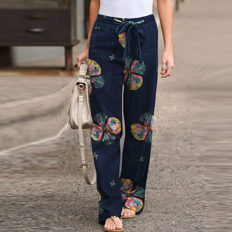 Elegant Print Joggers, Women's Cotton Linen Pants, Casual Autumn Streetwear, Comfortable Sweatpants