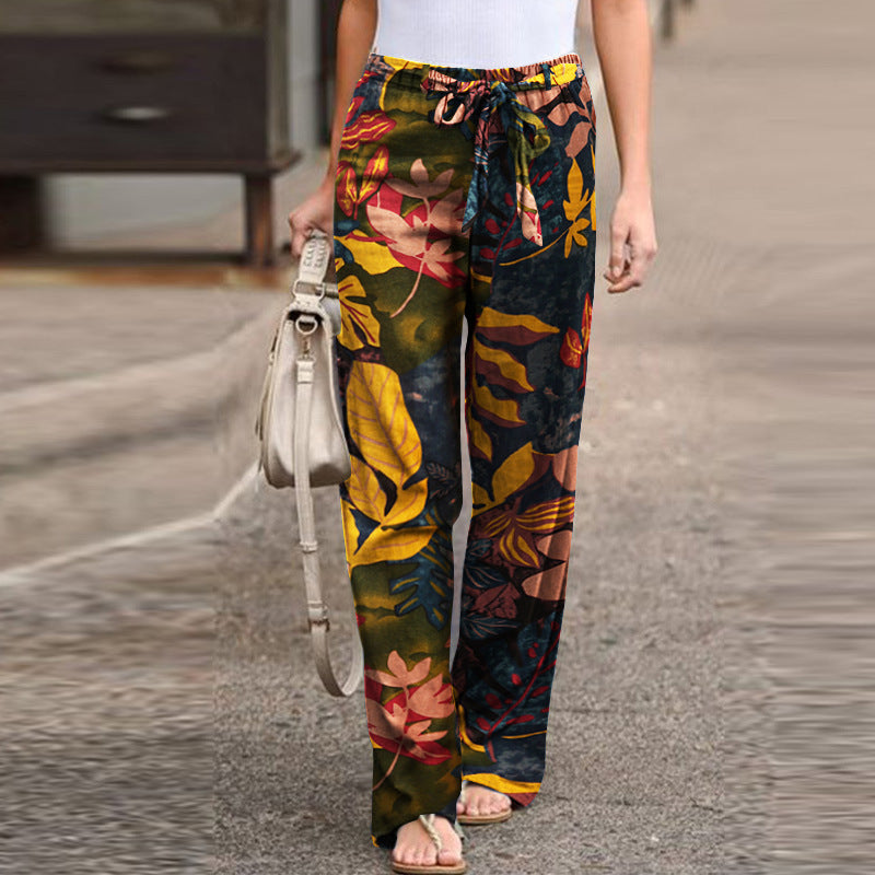 Elegant Print Joggers, Women's Cotton Linen Pants, Casual Autumn Streetwear, Comfortable Sweatpants