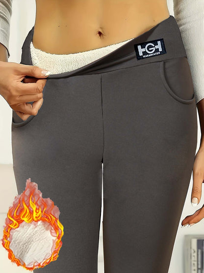 Women's High-Waist Thermal Pants, with Pockets, Elastic and Comfortable Trousers