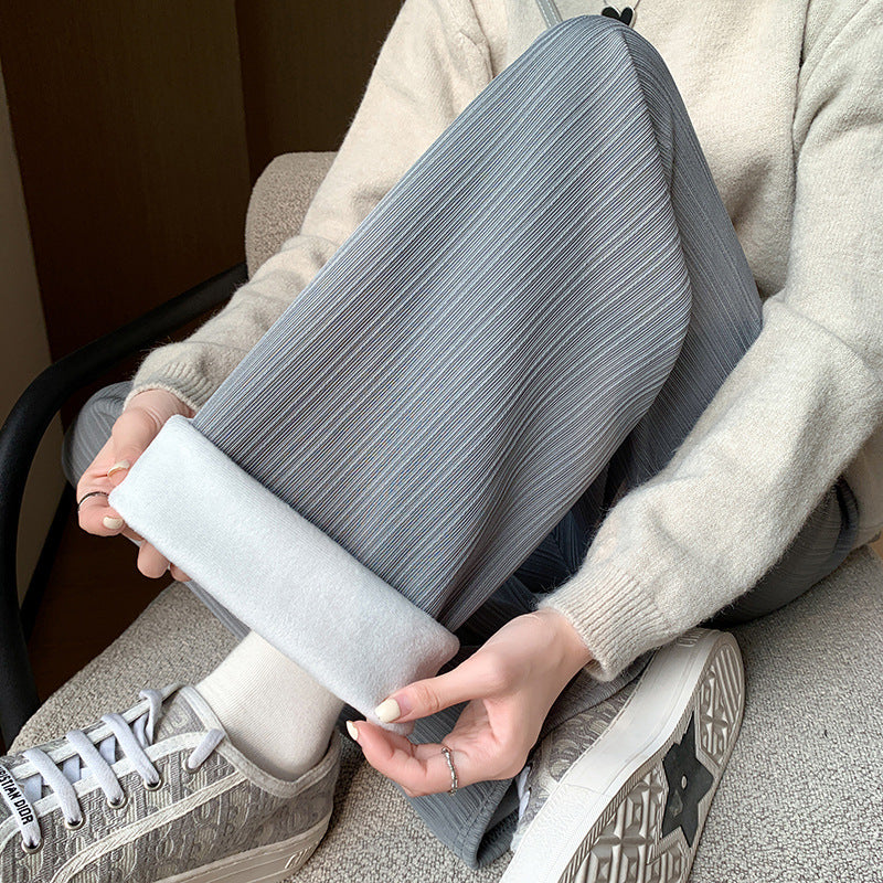 Womens Fleece Lined Wide Leg Pants, High Waist Winter Leggings, Thickened Striped Casual Lounge Pants