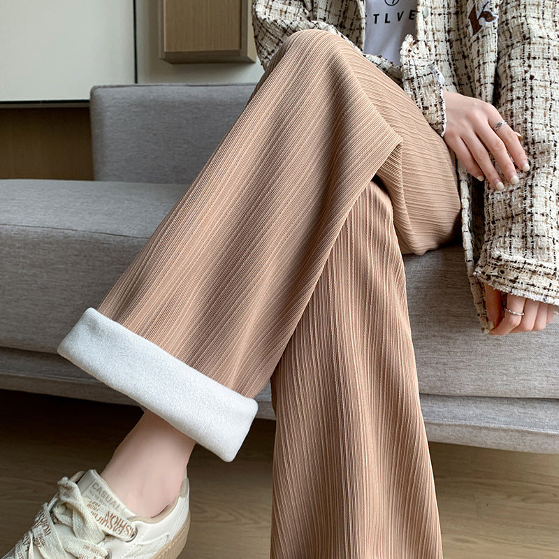 Womens Fleece Lined Wide Leg Pants, High Waist Winter Leggings, Thickened Striped Casual Lounge Pants