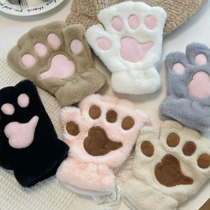 Lovely Plush Cat Paw Gloves, Warm Fingerless Mittens, Soft Fluffy Bear Claw Costume, Short Half Finger Gloves