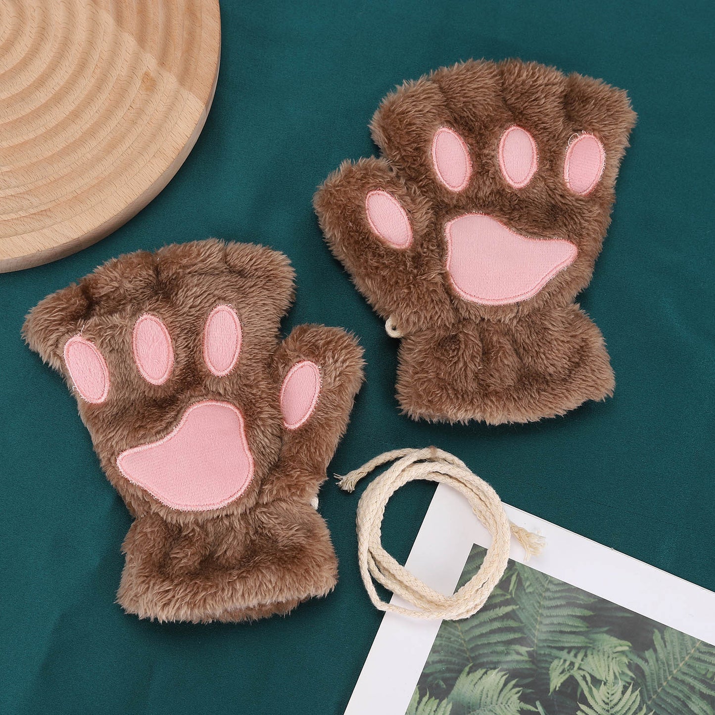 Lovely Plush Cat Paw Gloves Warm Fingerless Mittens Soft Fluffy Bear Claw Costume Short Half Finger 6