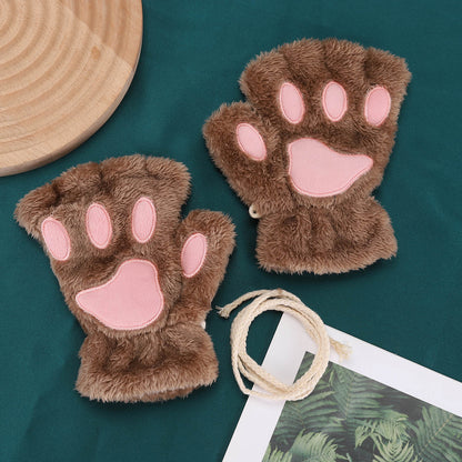 Lovely Plush Cat Paw Gloves Warm Fingerless Mittens Soft Fluffy Bear Claw Costume Short Half Finger 6