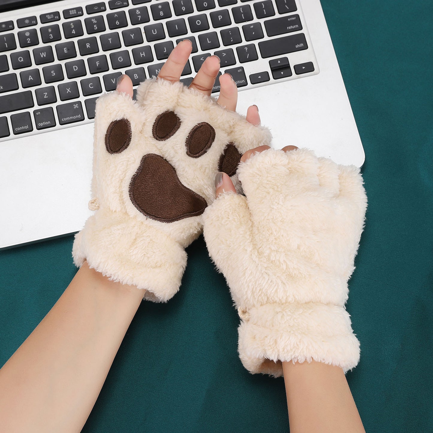 Lovely Plush Cat Paw Gloves Warm Fingerless Mittens Soft Fluffy Bear Claw Costume Short Half Finger 4
