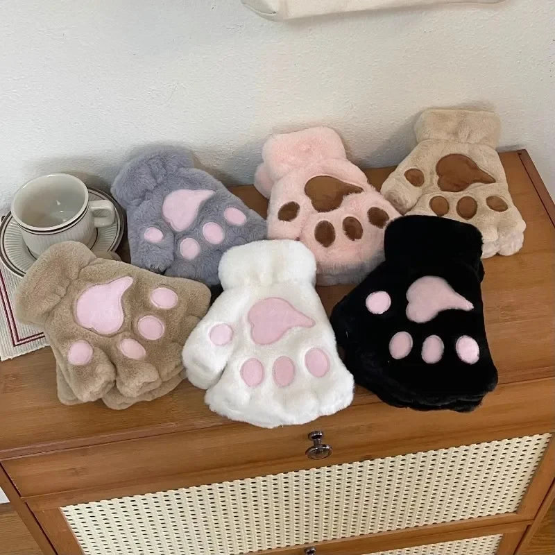 Lovely Plush Cat Paw Gloves Warm Fingerless Mittens Soft Fluffy Bear Claw Costume Short Half Finger 5